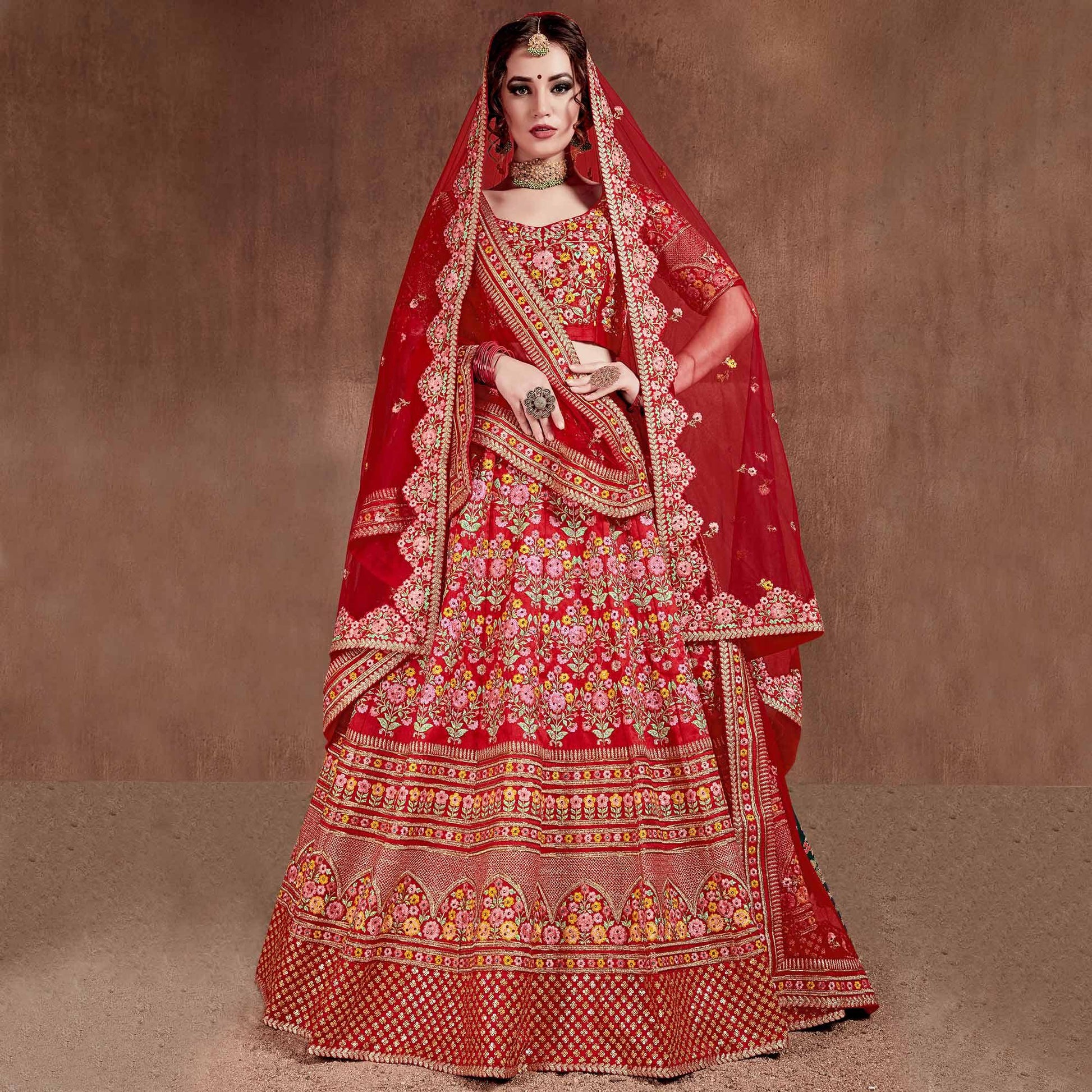 Flaunt Red Colored Partywear Embroidered Mulberry Silk Lehenga Choli