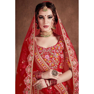 Flaunt Red Colored Partywear Embroidered Mulberry Silk Lehenga Choli