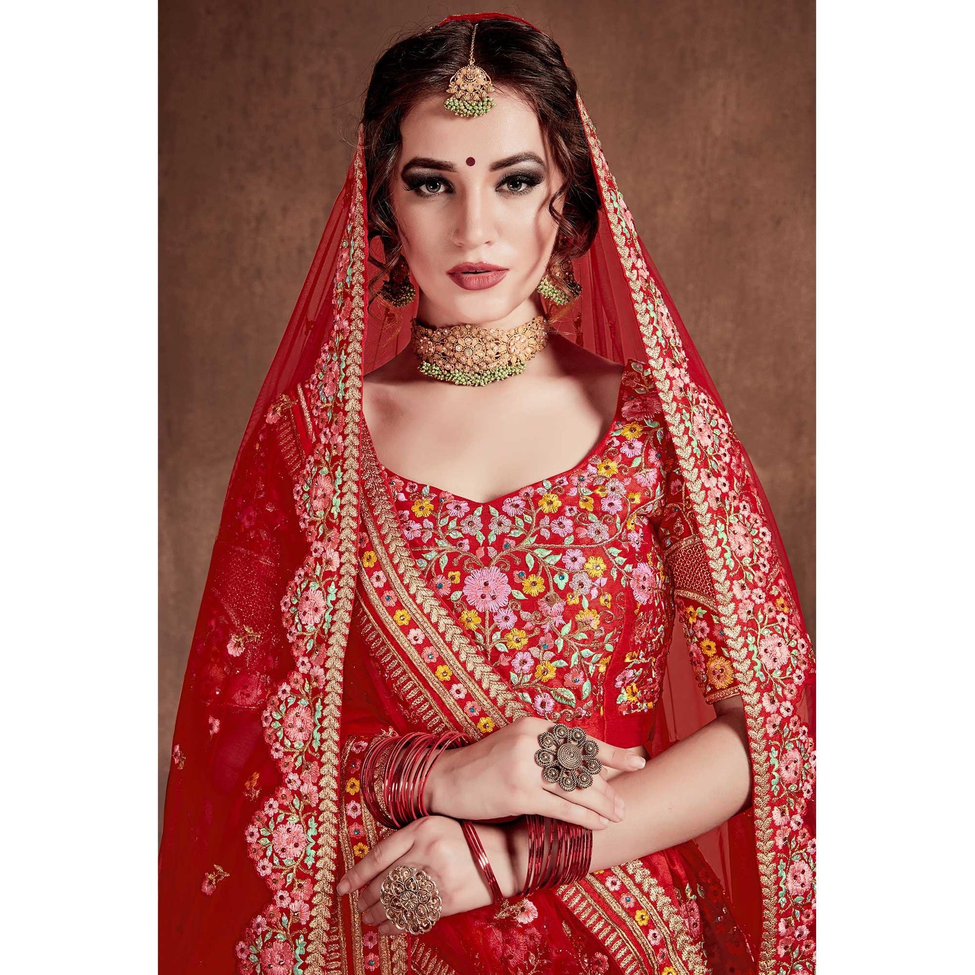 Flaunt Red Colored Partywear Embroidered Mulberry Silk Lehenga Choli