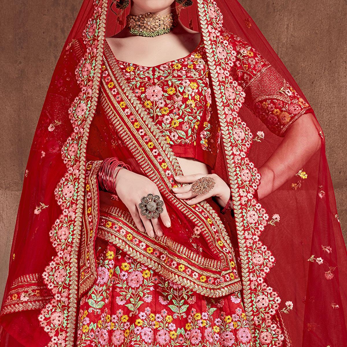 Flaunt Red Colored Partywear Embroidered Mulberry Silk Lehenga Choli