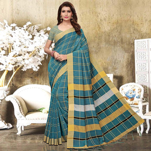Flaunt Teal Blue Colored Festive Wear Checks Print Pure Linen Saree