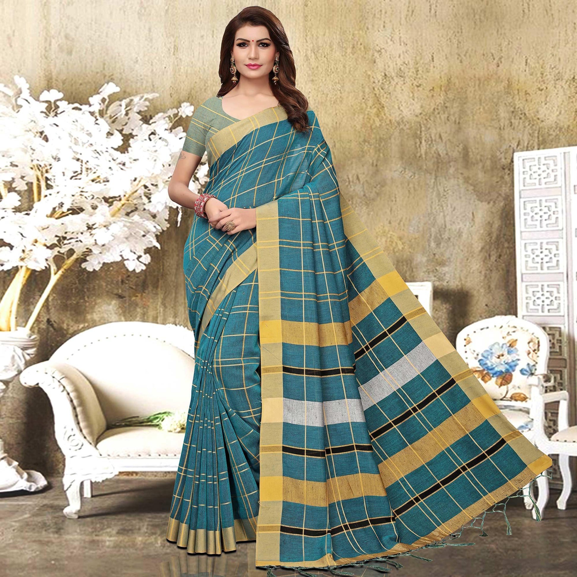Flaunt Teal Blue Colored Festive Wear Checks Print Pure Linen Saree