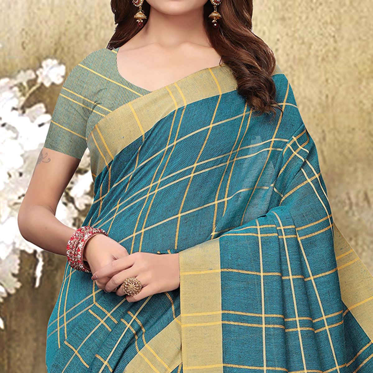 Flaunt Teal Blue Colored Festive Wear Checks Print Pure Linen Saree