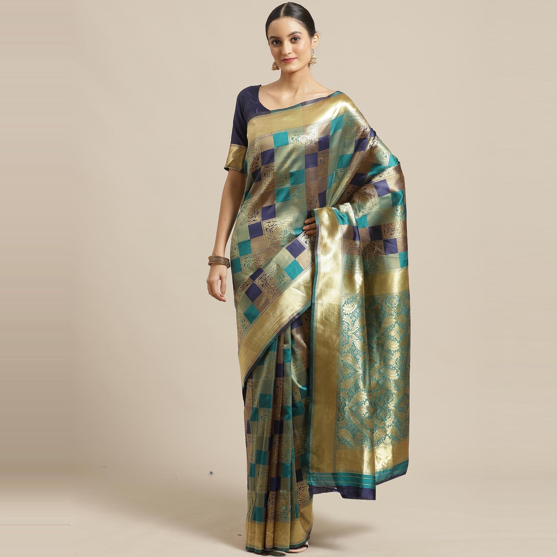 Flaunt Teal Green - Navy Blue Colored Festive Wear Woven Silk Blend Saree