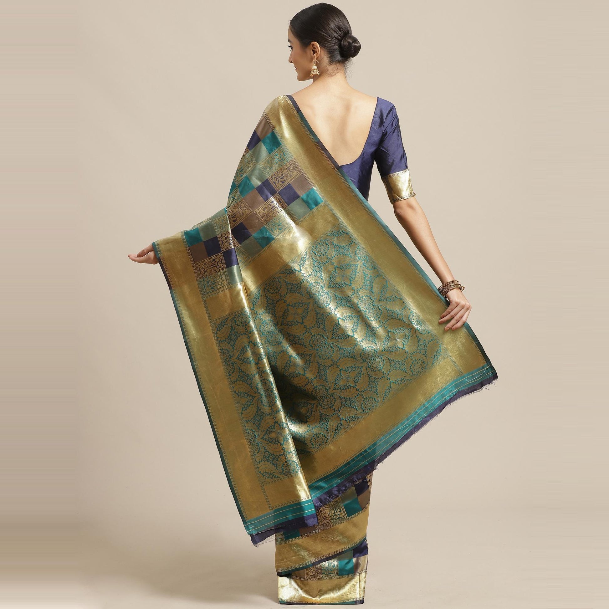 Flaunt Teal Green - Navy Blue Colored Festive Wear Woven Silk Blend Saree