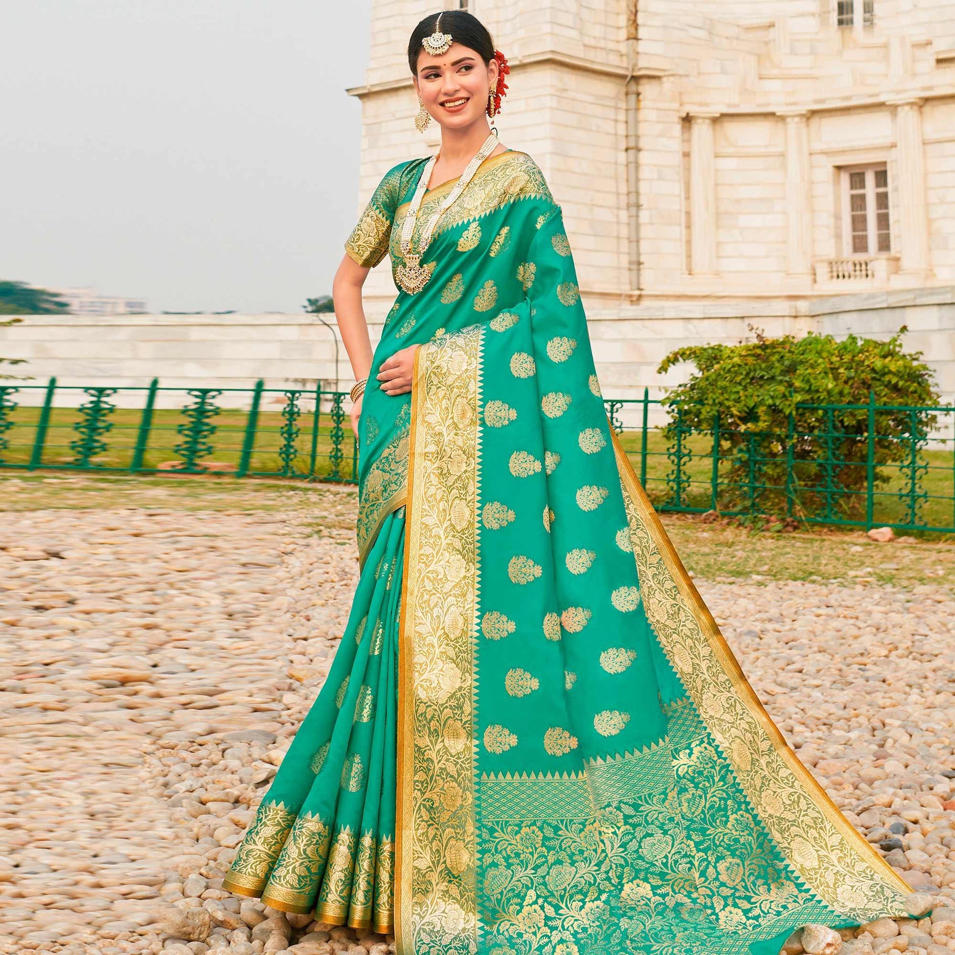 Flaunt Turquoise Green Colored Festive Wear Woven Silk Sareee