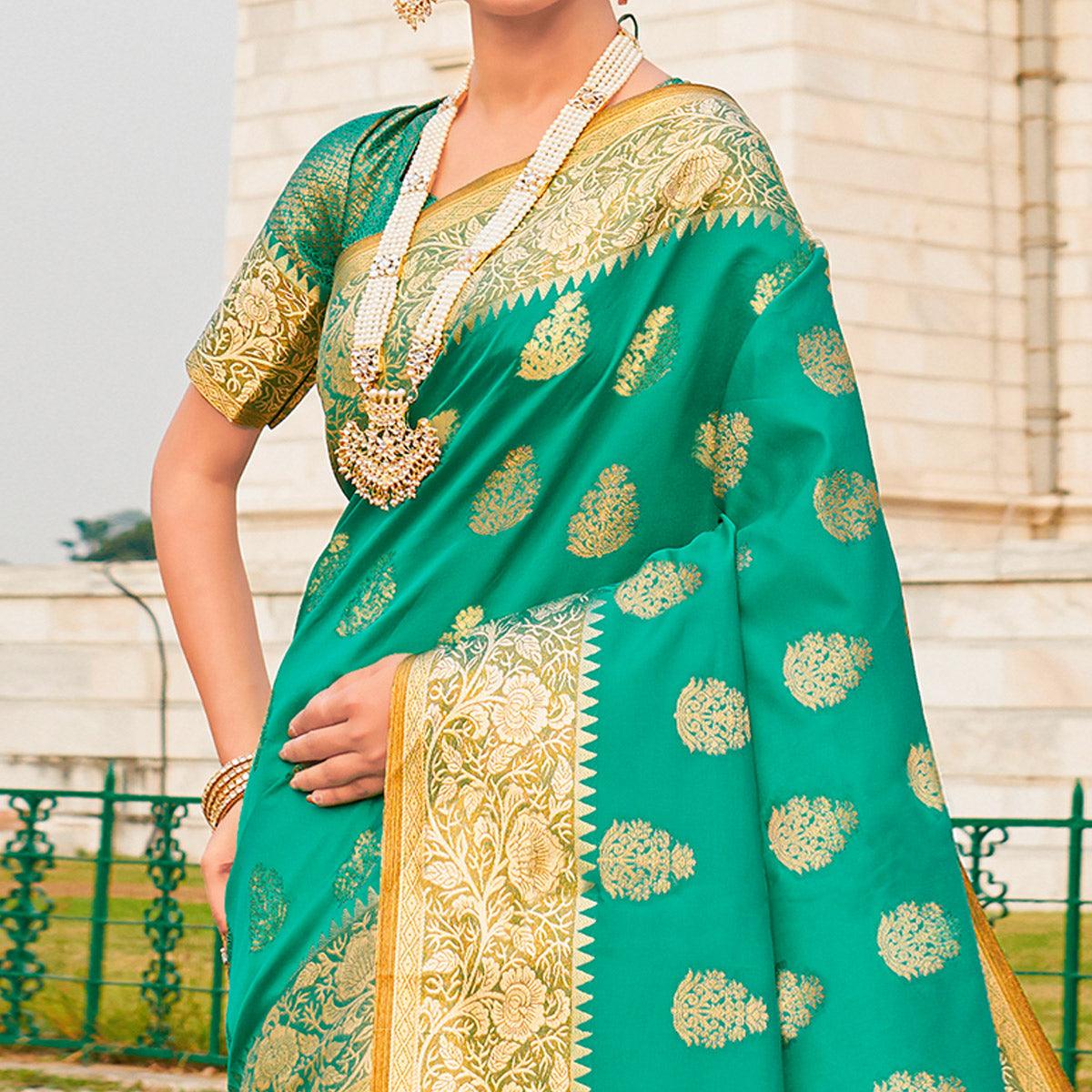 Flaunt Turquoise Green Colored Festive Wear Woven Silk Sareee