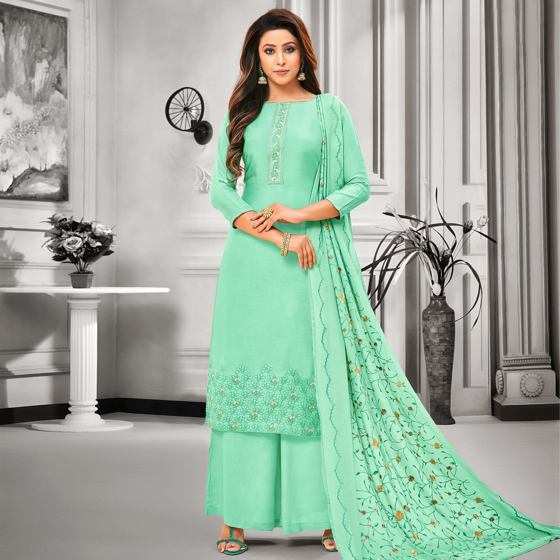 Flaunt Turquoise Green Colored Party Wear Embroidered Cotton Silk Palazzo Suit