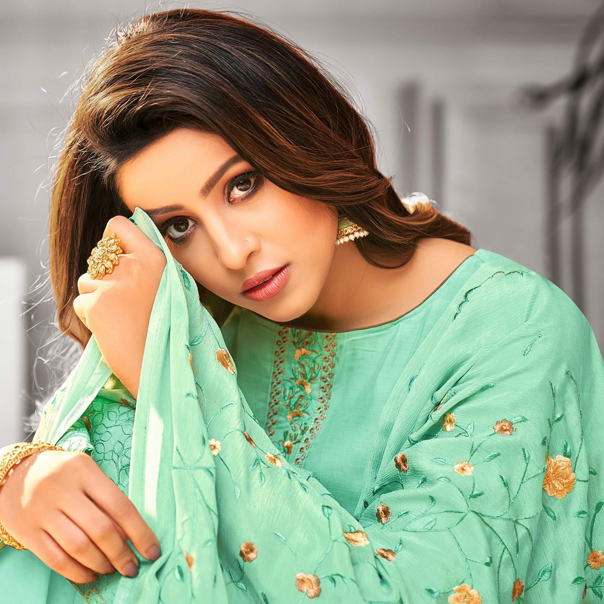 Flaunt Turquoise Green Colored Party Wear Embroidered Cotton Silk Palazzo Suit