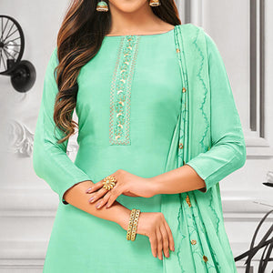 Flaunt Turquoise Green Colored Party Wear Embroidered Cotton Silk Palazzo Suit