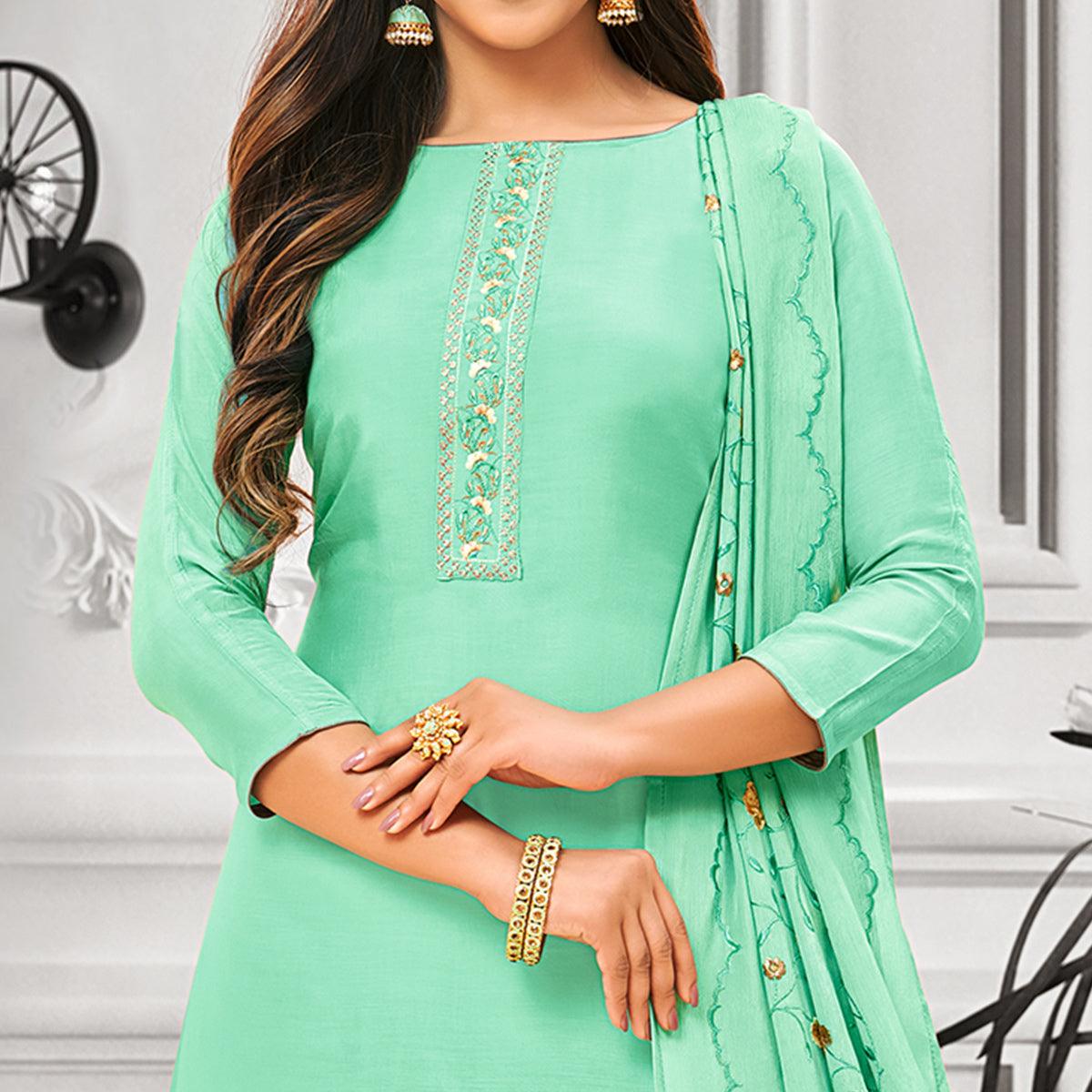 Flaunt Turquoise Green Colored Party Wear Embroidered Cotton Silk Palazzo Suit