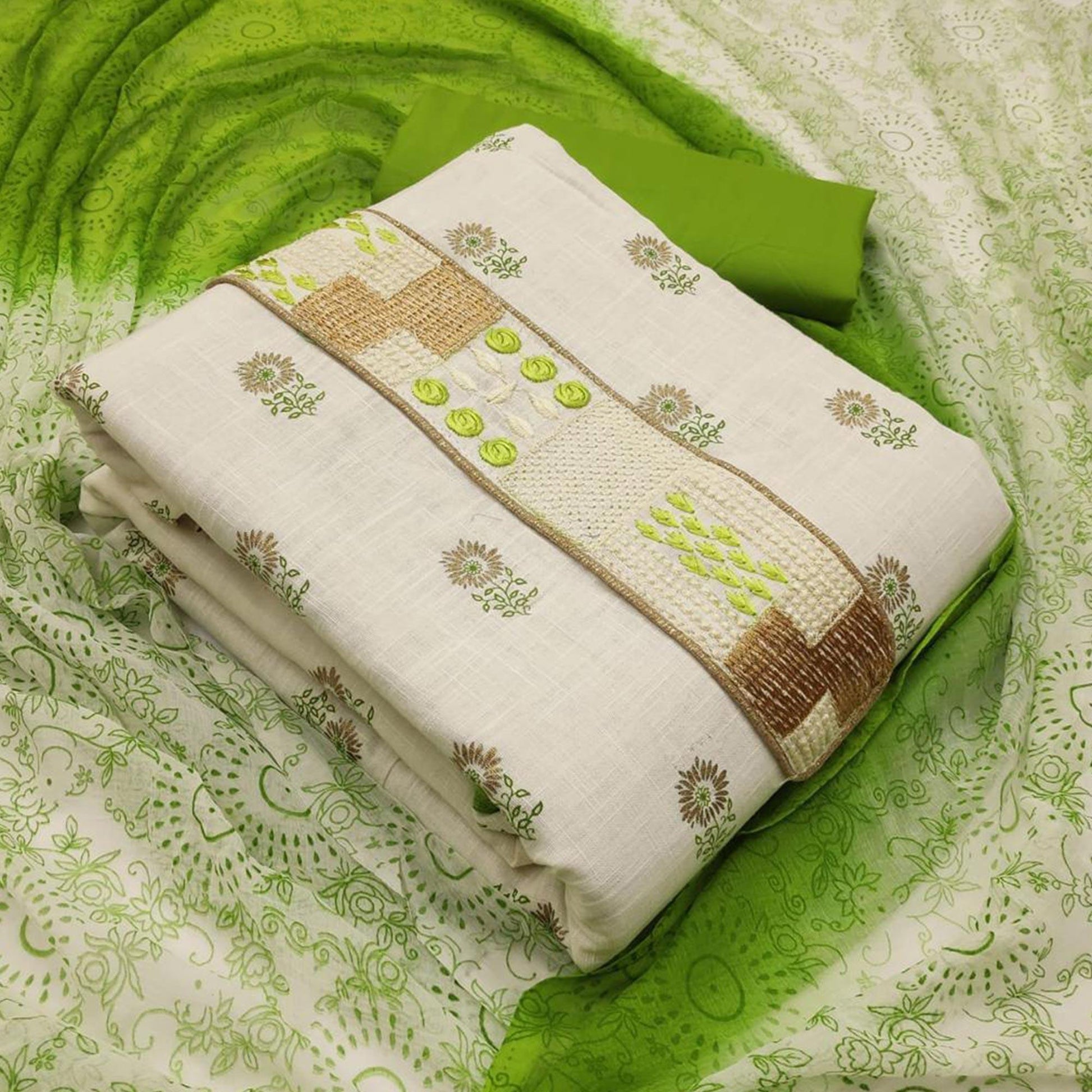 Flaunt White - Green Colored Casual Wear Embroidered Cotton Dress Material