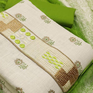 Flaunt White - Green Colored Casual Wear Embroidered Cotton Dress Material