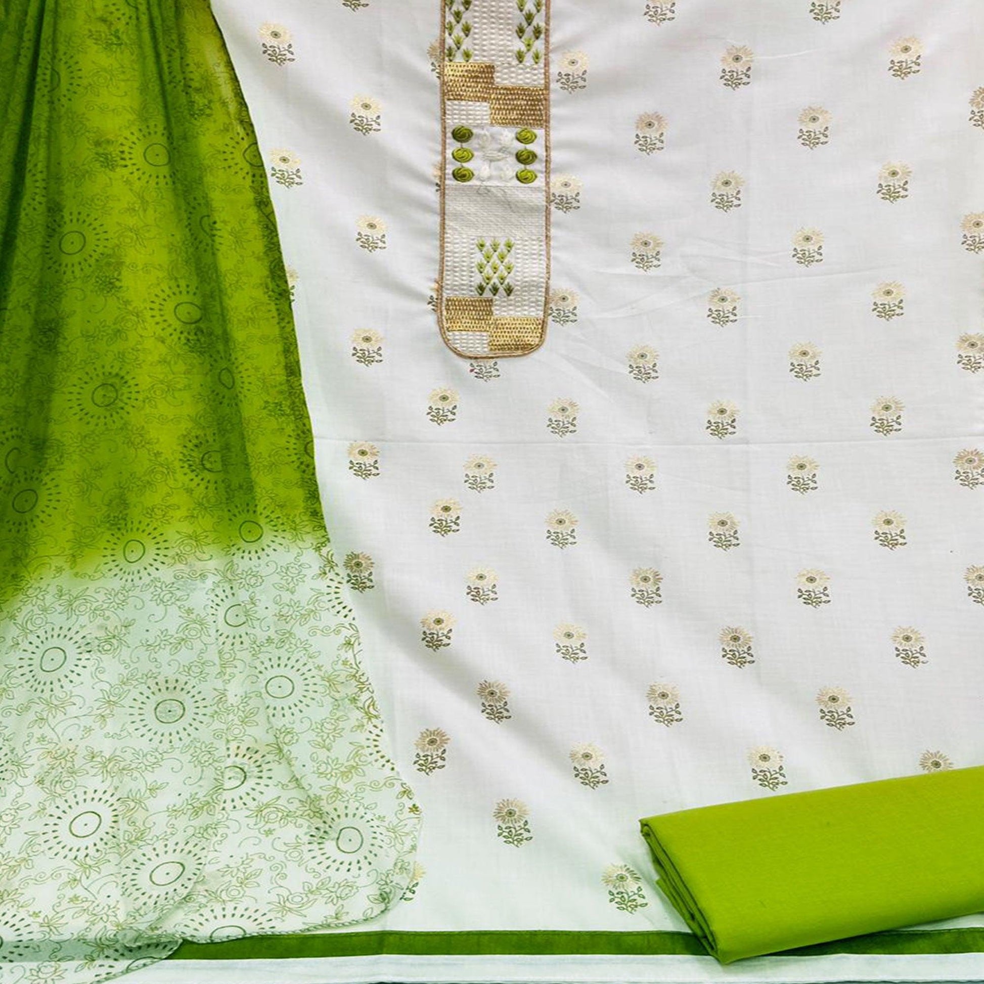 Flaunt White - Green Colored Casual Wear Embroidered Cotton Dress Material