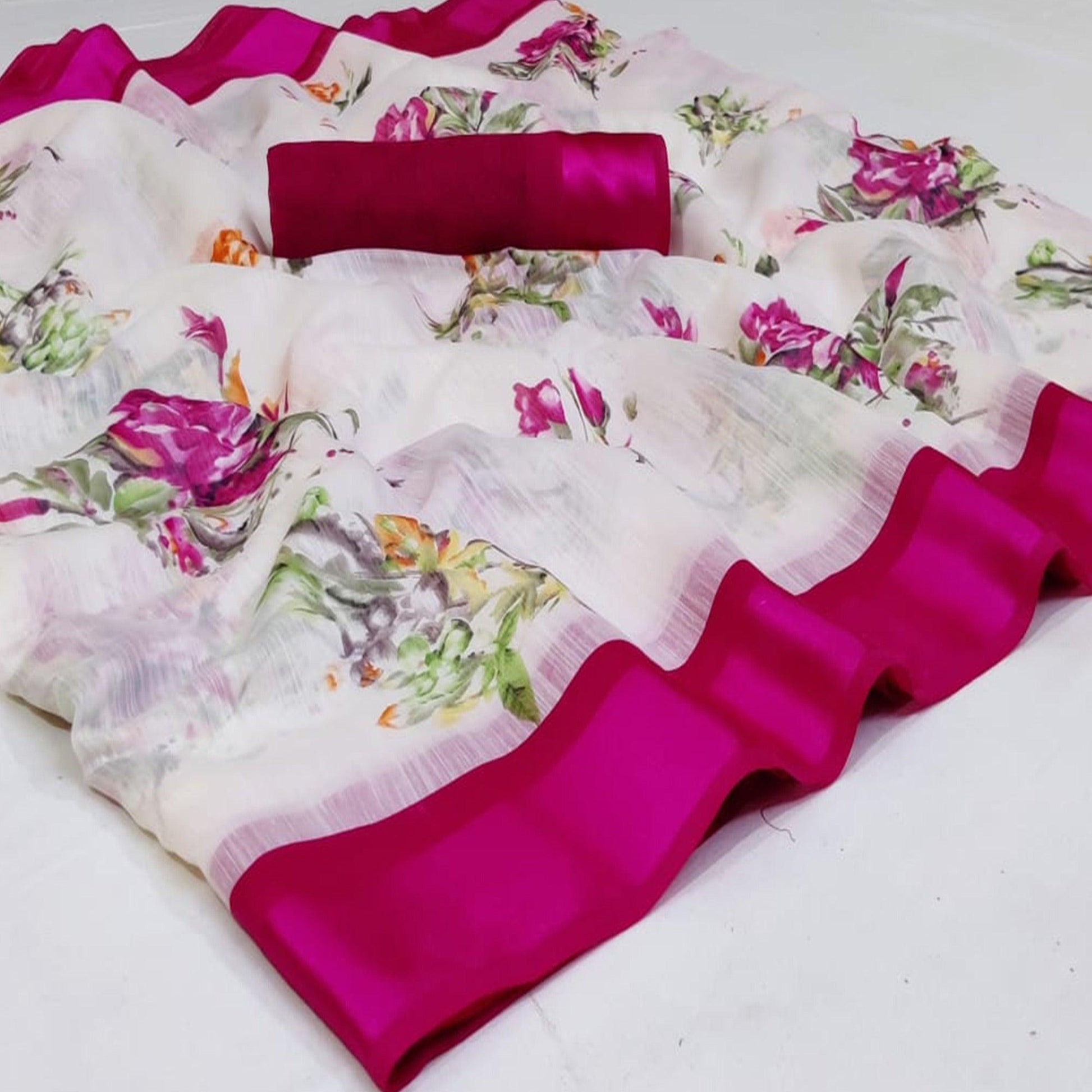 Flaunt White - Pink Colored Casual Wear Fancy Printed Linen Saree