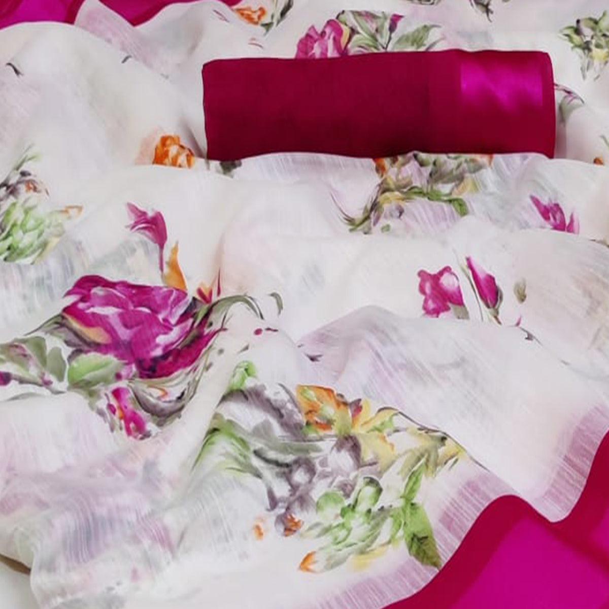 Flaunt White - Pink Colored Casual Wear Fancy Printed Linen Saree
