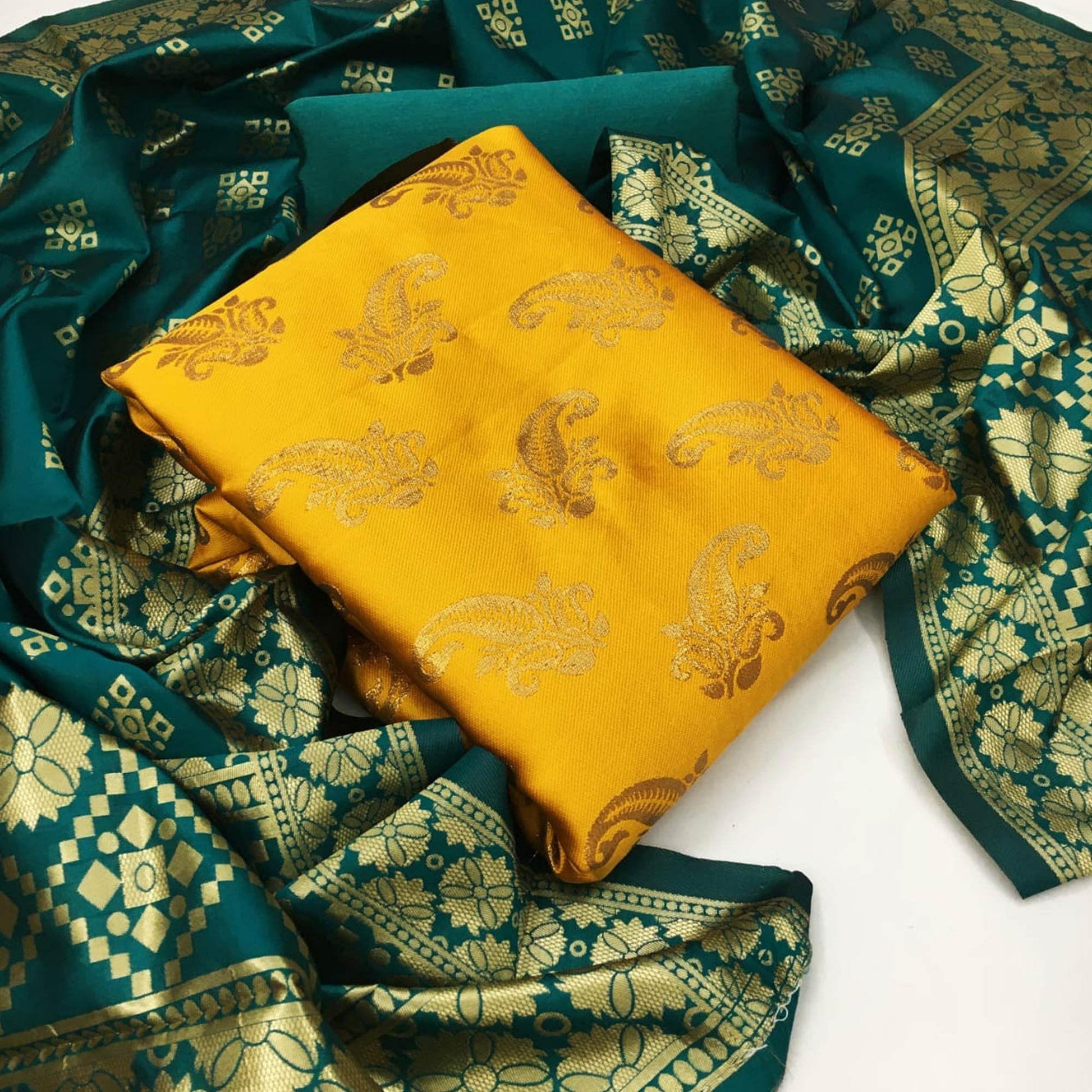 Flaunt Yellow Colored Casual Wear Woven Banarasi Silk Dress Material