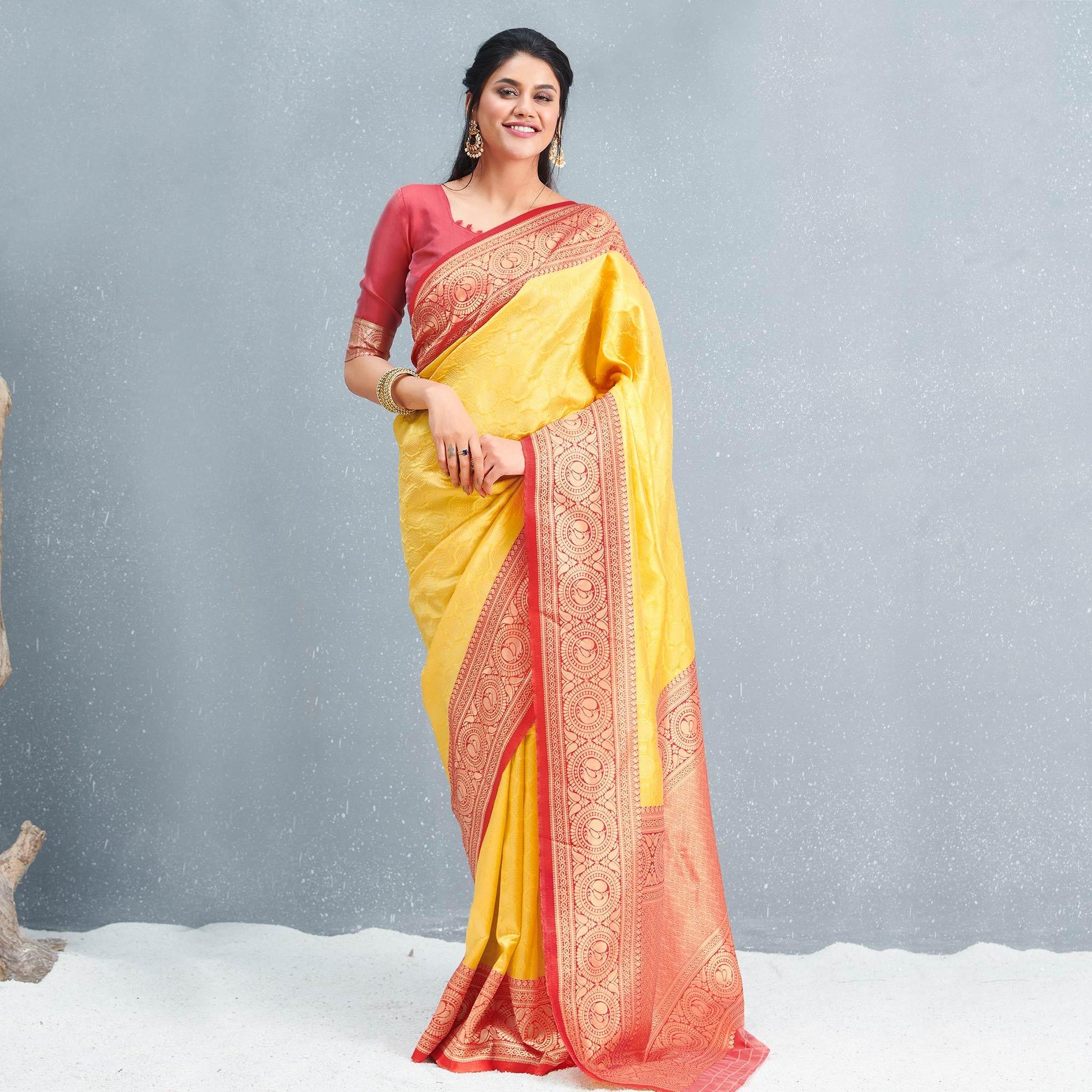 Flaunt Yellow Colored Festive Wear Woven Silk Saree