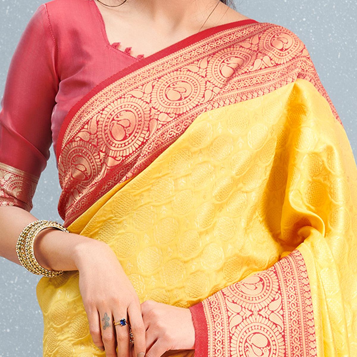 Flaunt Yellow Colored Festive Wear Woven Silk Saree