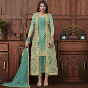 Flirty Aqua Blue Coloured Partywear Embroidered Butterfly Net Pakistani Straight Suit