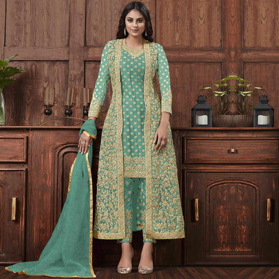 Flirty Aqua Blue Coloured Partywear Embroidered Butterfly Net Pakistani Straight Suit