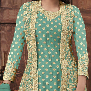 Flirty Aqua Blue Coloured Partywear Embroidered Butterfly Net Pakistani Straight Suit