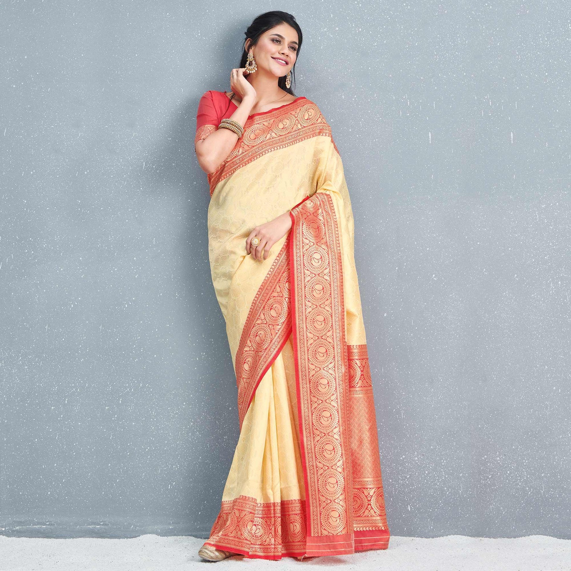 Flirty Beige Colored Festive Wear Woven Silk Saree