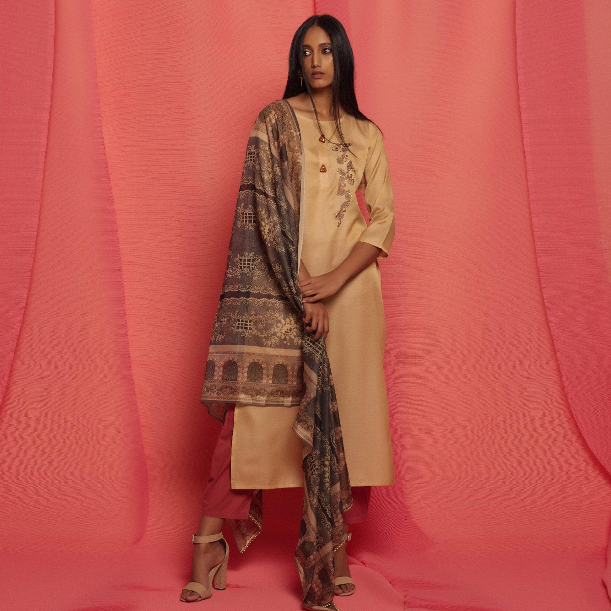 Flirty Beige Colored Partywear Embroidered Viscose Kurti With Dupatta