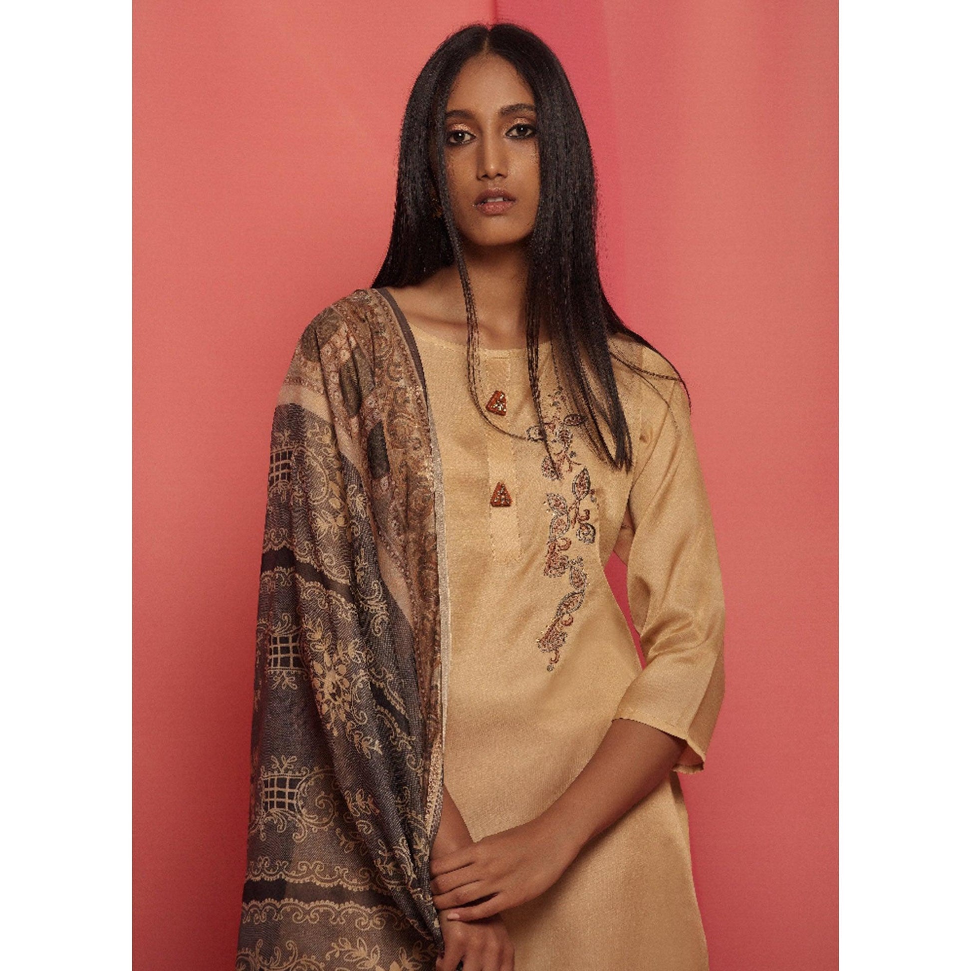 Flirty Beige Colored Partywear Embroidered Viscose Kurti With Dupatta