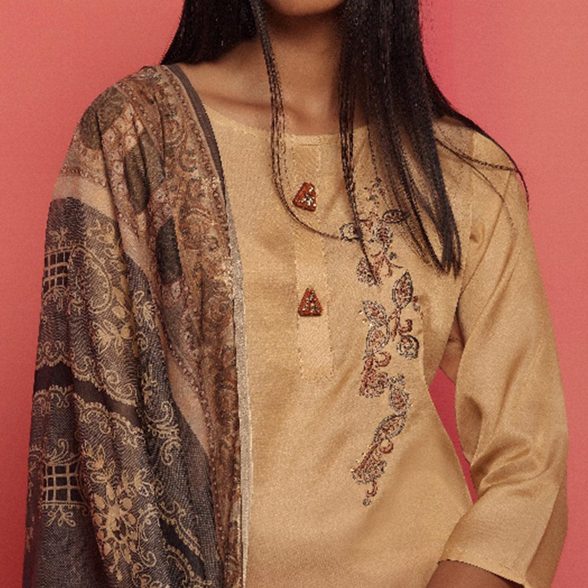 Flirty Beige Colored Partywear Embroidered Viscose Kurti With Dupatta