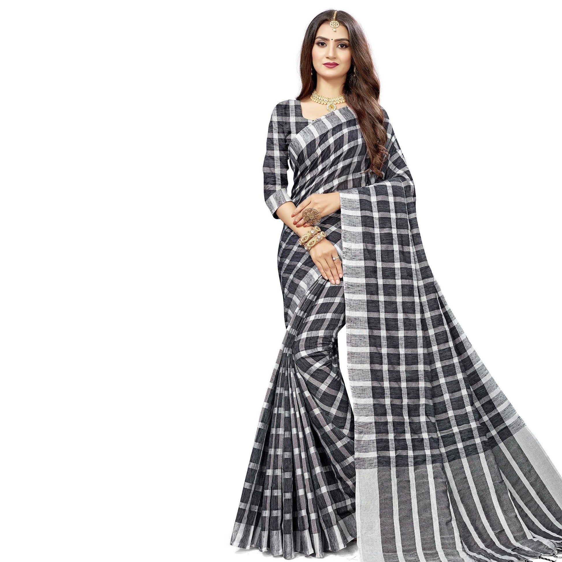 Flirty Black Colored Fesive Wear Checks Print Cotton Silk Saree With Tassels