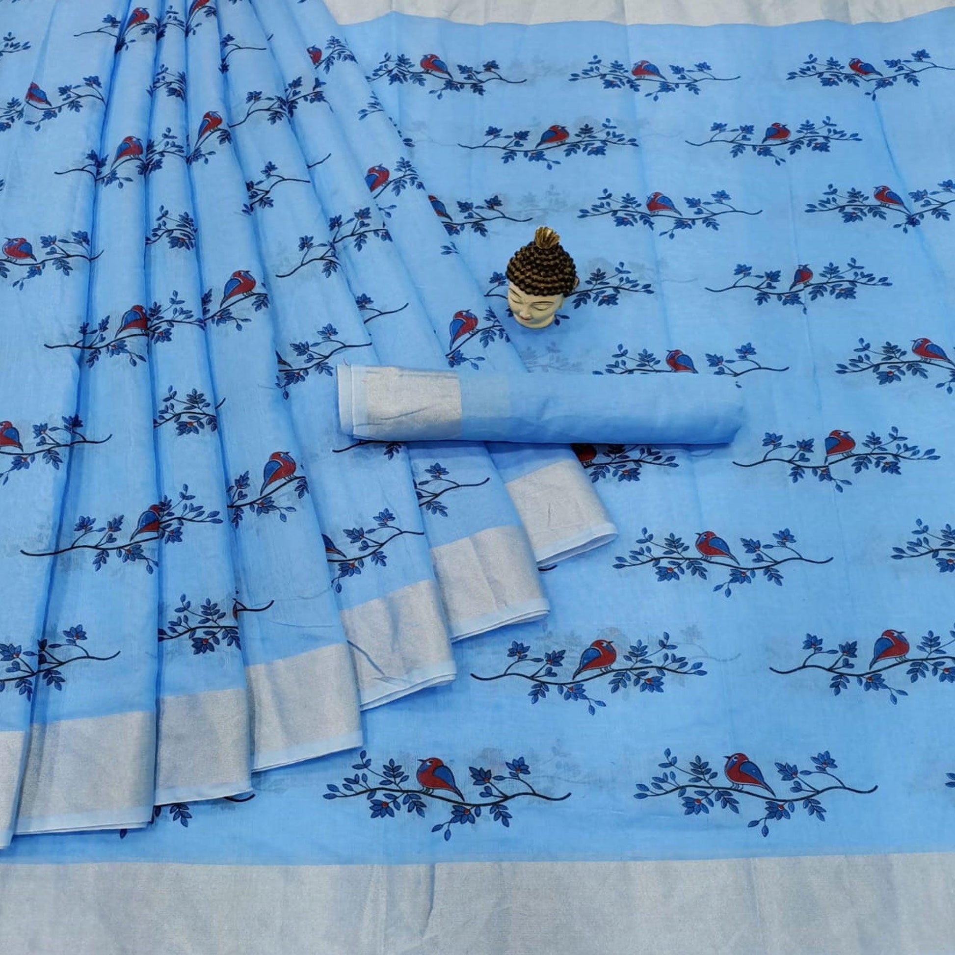 Flirty Blue Colored Casual Wear Printed Cotton Linen Saree