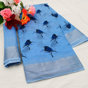 Flirty Blue Colored Casual Wear Printed Cotton Linen Saree