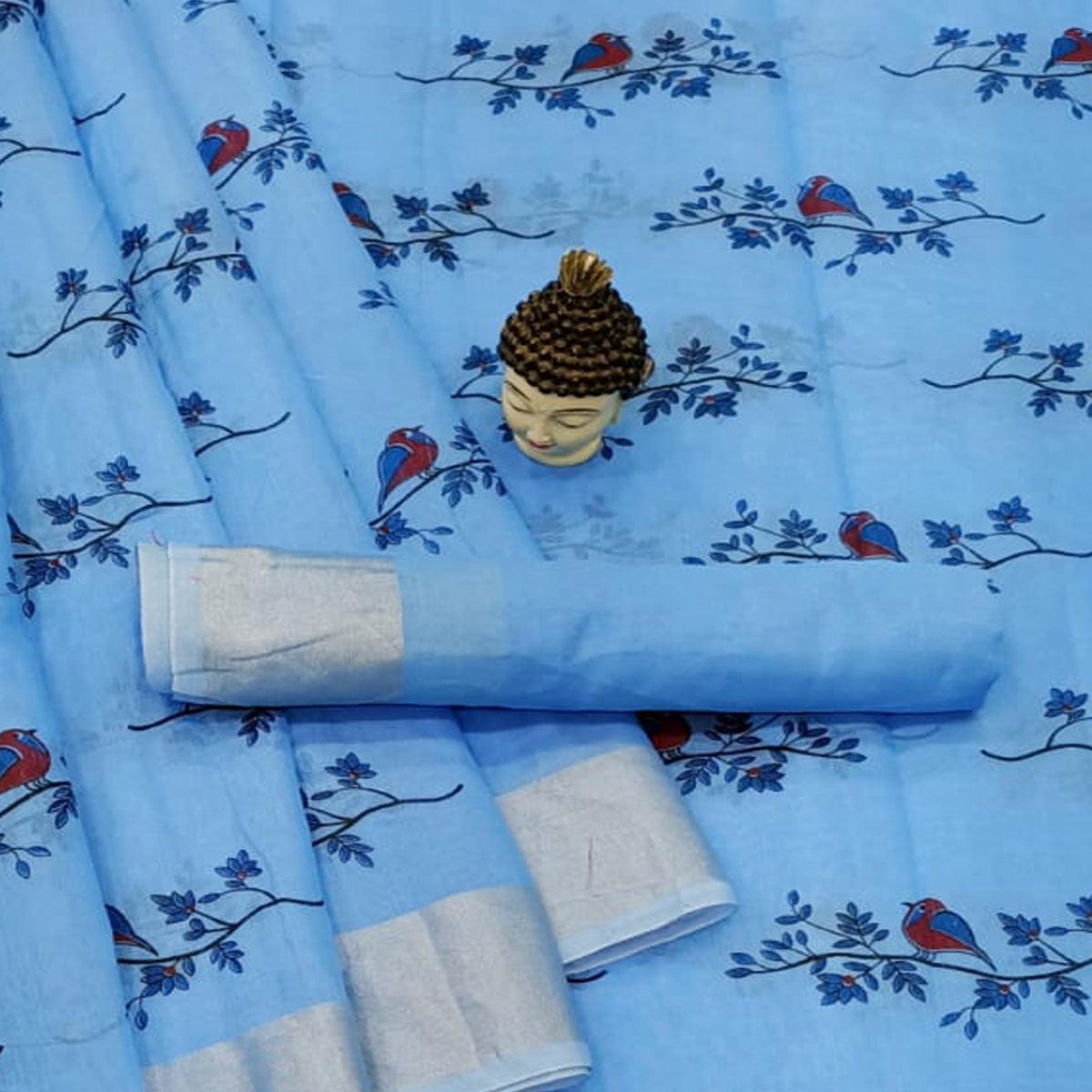 Flirty Blue Colored Casual Wear Printed Cotton Linen Saree