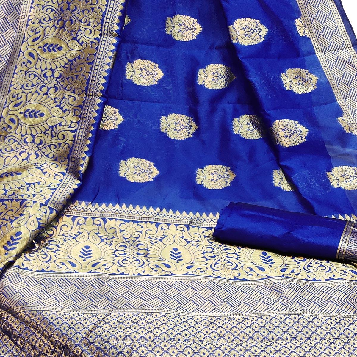 Flirty Blue Colored Festive Wear Woven Litchi Jacquard Silk Saree
