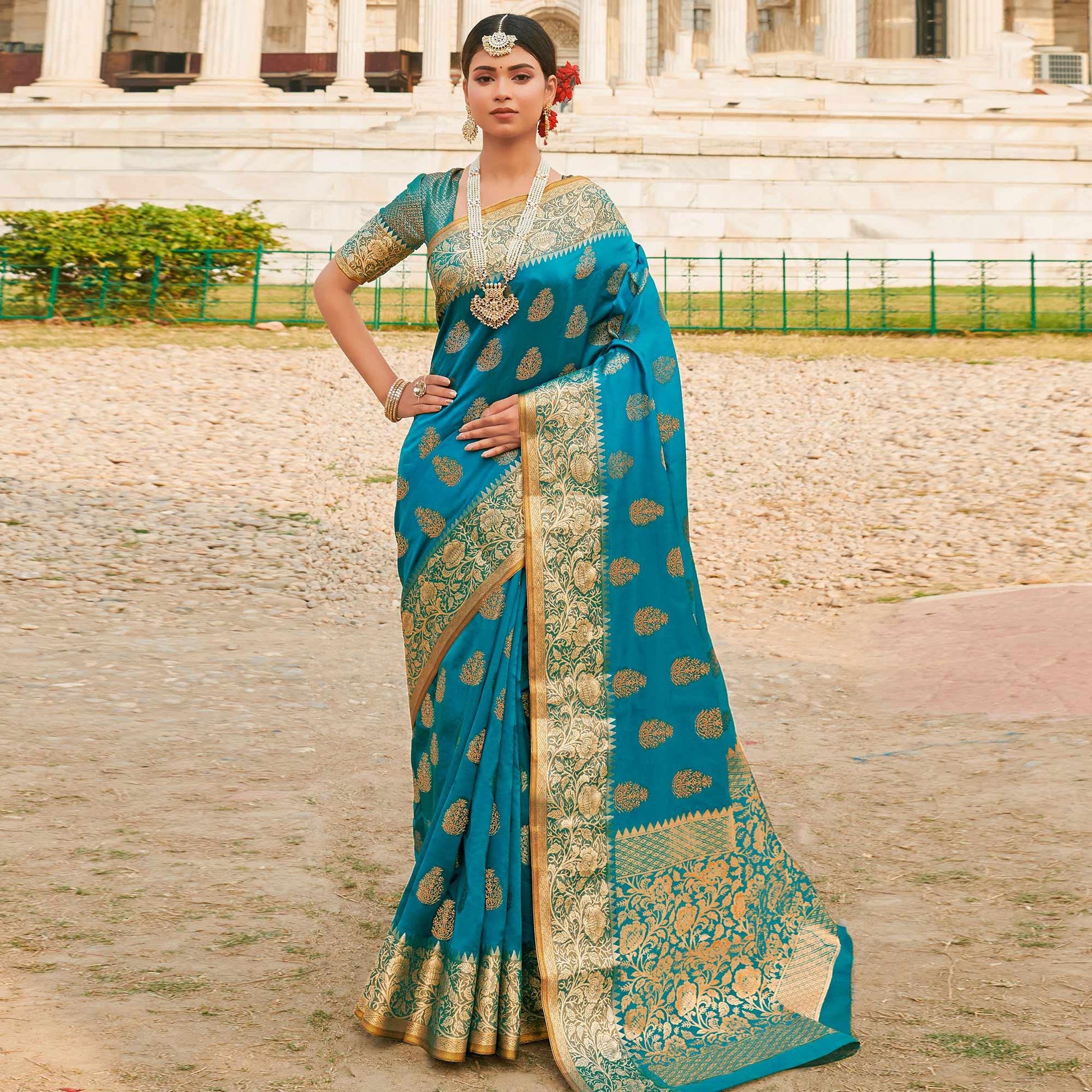 Flirty Blue Colored Festive Wear Woven Silk Sareee