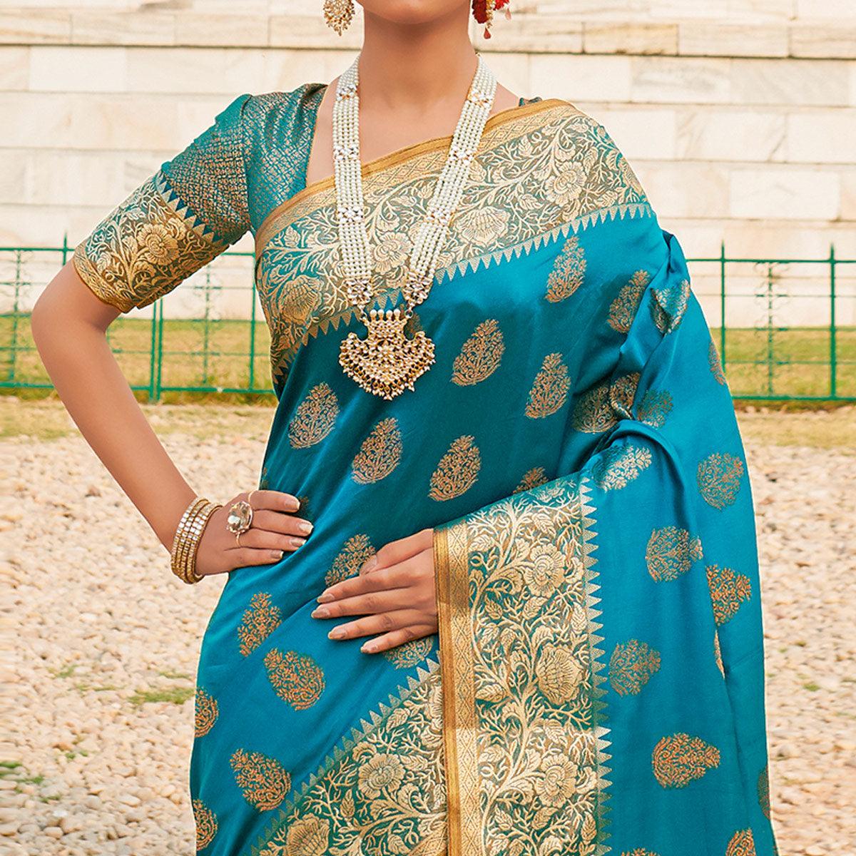Flirty Blue Colored Festive Wear Woven Silk Sareee