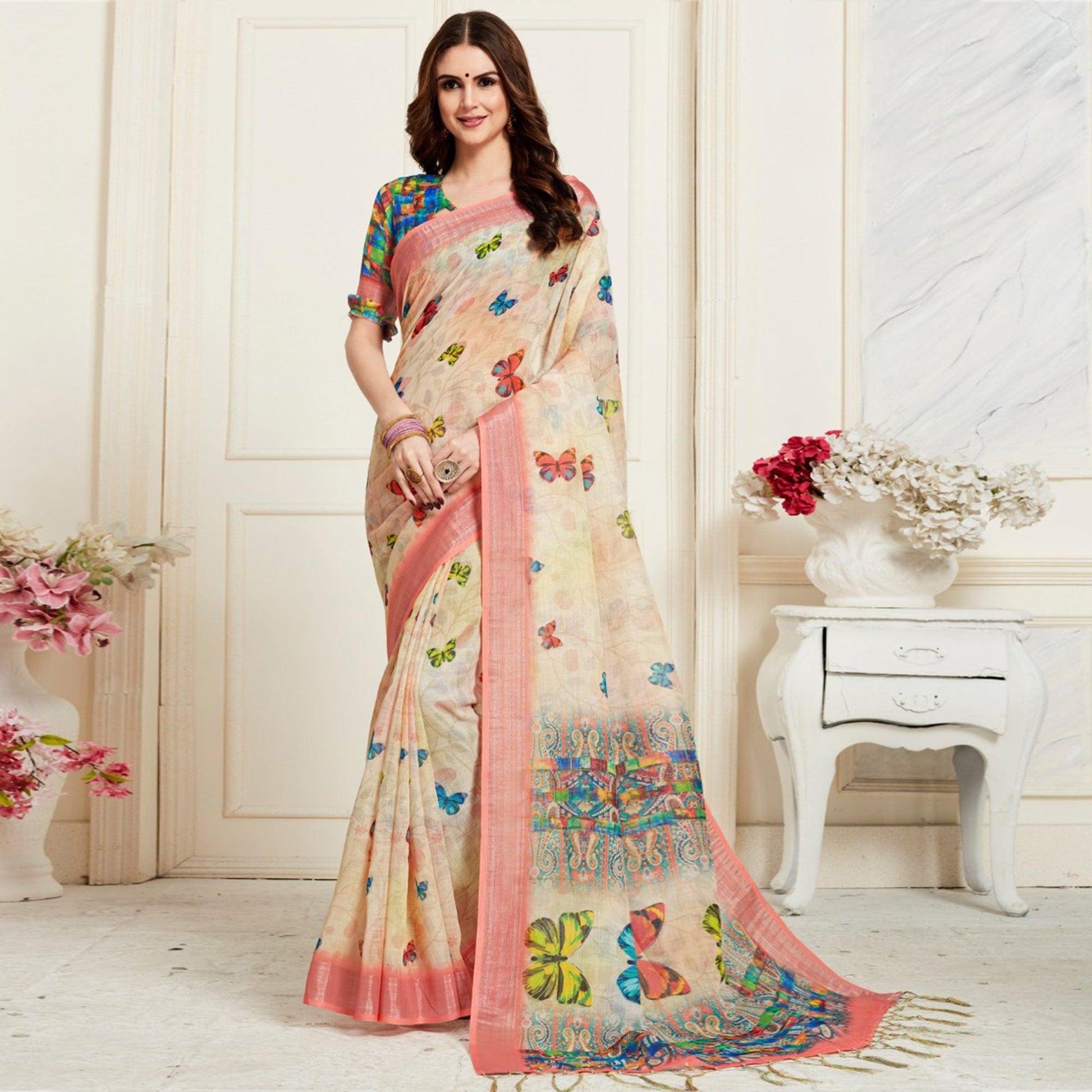 Flirty Cream Colored Casual Butterfly Digital Printed Linen Saree