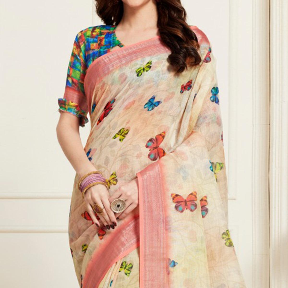 Flirty Cream Colored Casual Butterfly Digital Printed Linen Saree