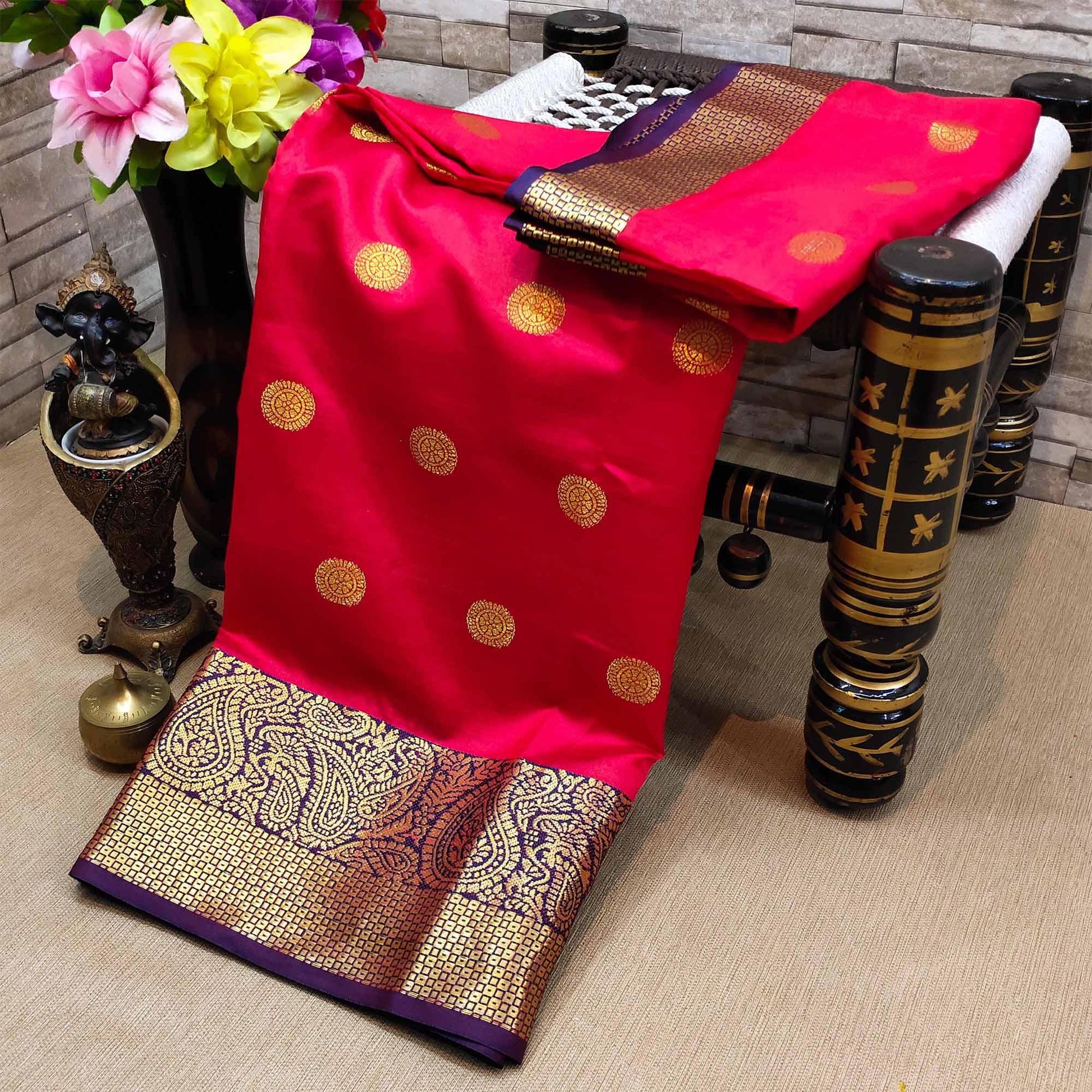 Flirty Dark Pink Colored Festive Wear Woven Kanjivaram Silk Saree