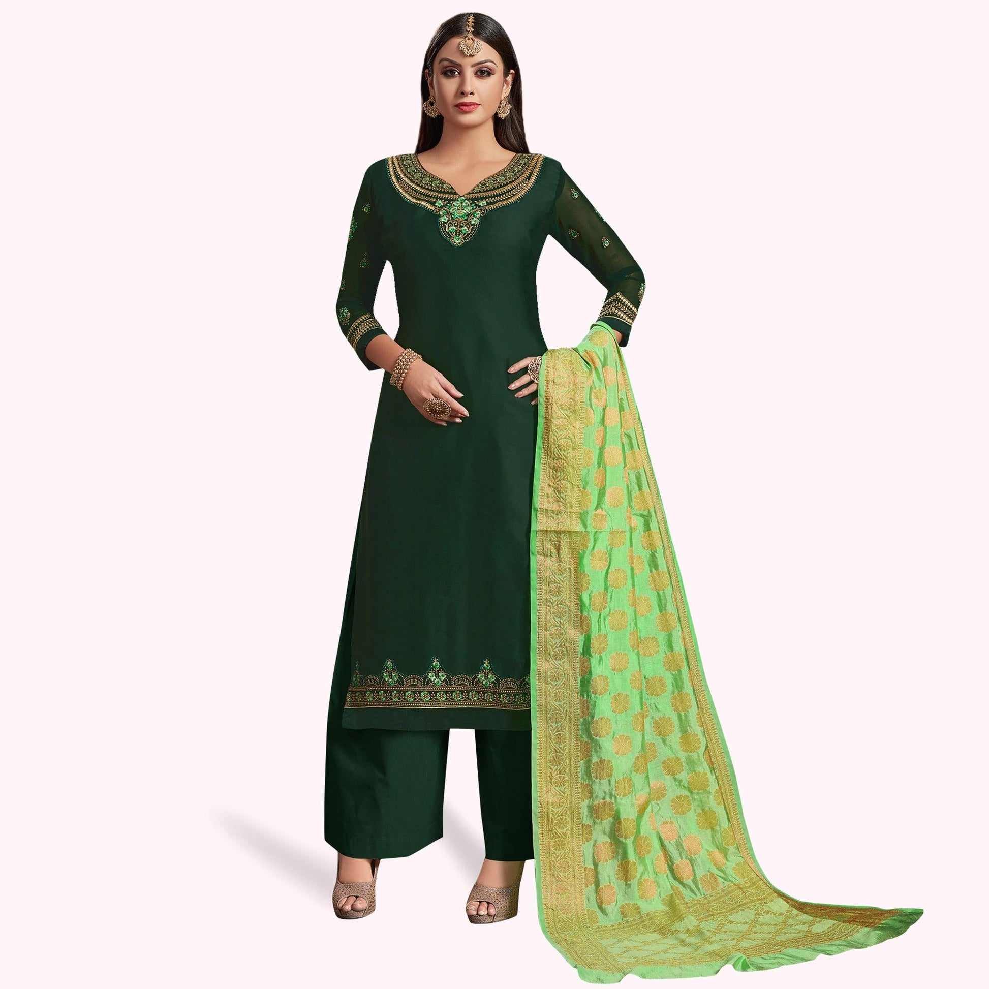 Flirty Green Colored Partywear Embroidered Georgette Palazzo Suit