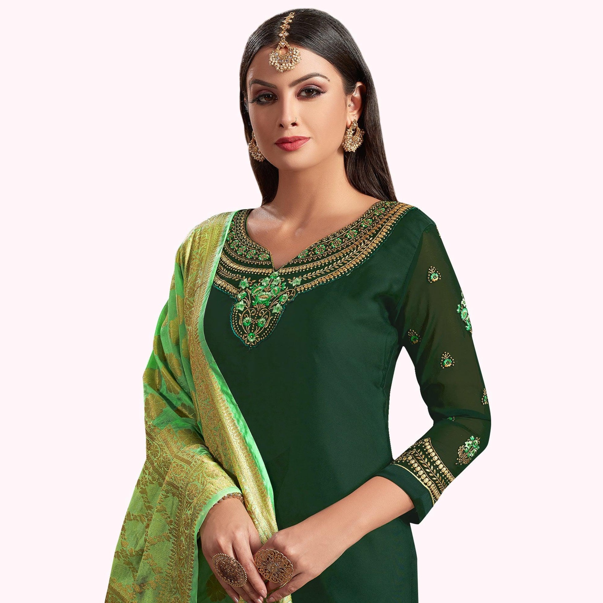 Flirty Green Colored Partywear Embroidered Georgette Palazzo Suit