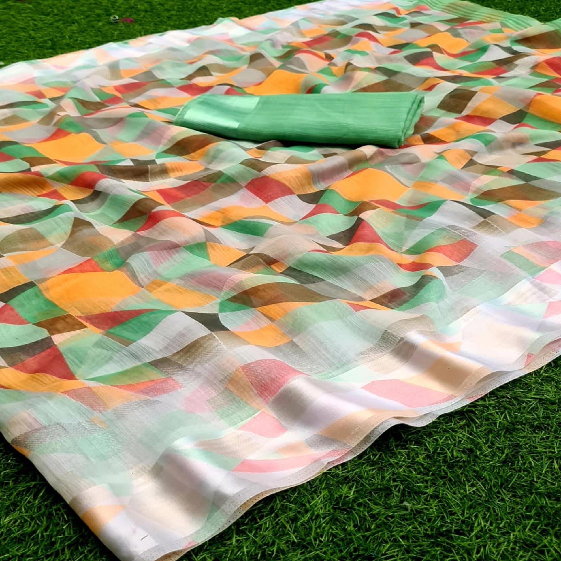Flirty Green - Multi Colored Festive Wear Woven Moss Georgette Saree
