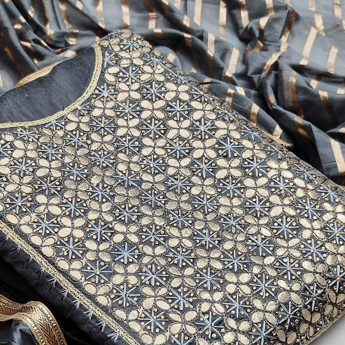 Flirty Grey Colored Festive Wear Embroidered Heavy Modal Silk Dress Material