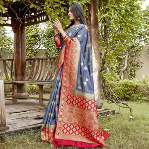 Flirty Grey Colored Festive Wear Woven Banarasi Silk Saree