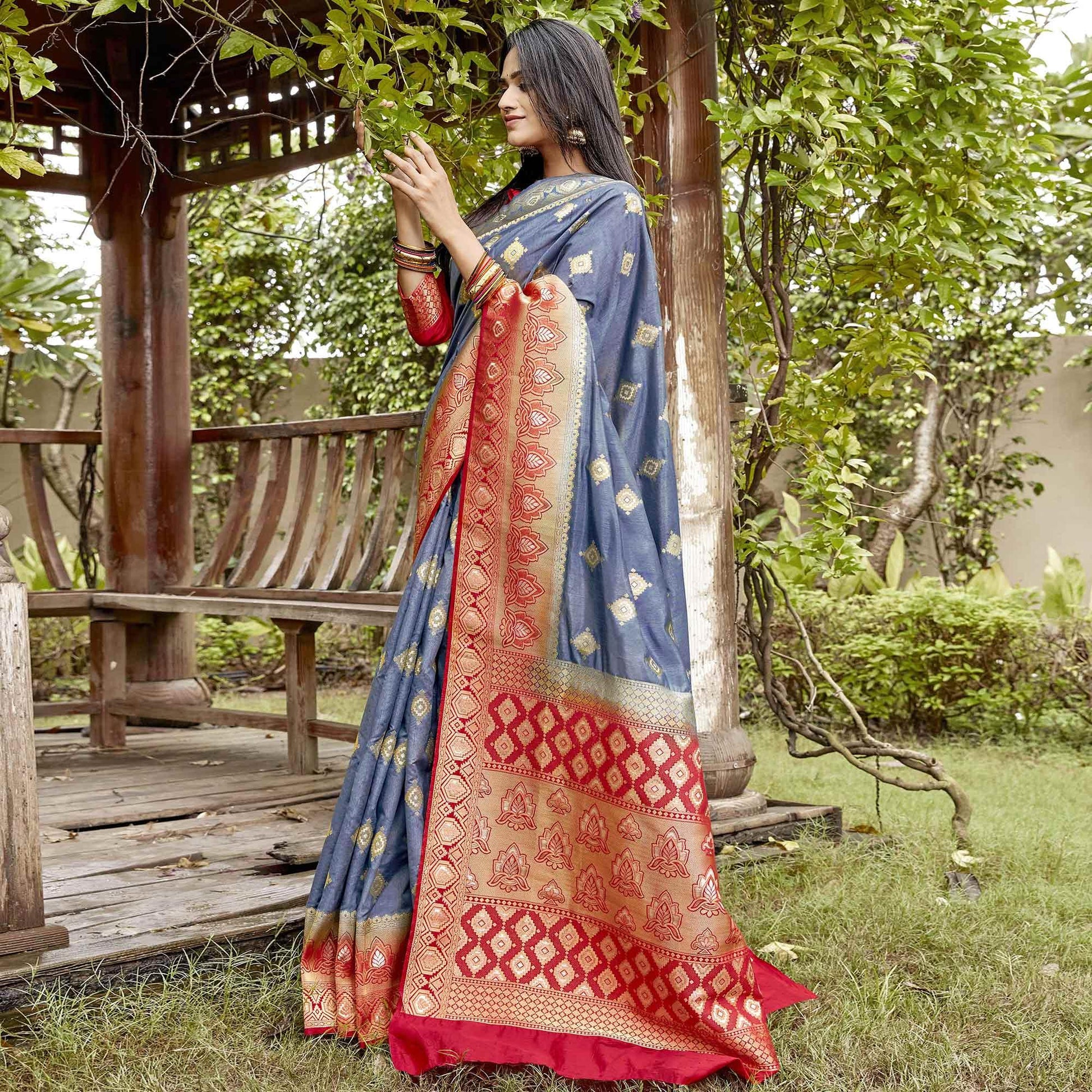 Flirty Grey Colored Festive Wear Woven Banarasi Silk Saree