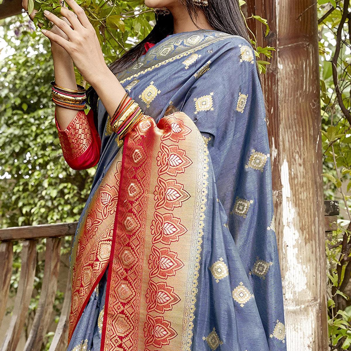 Flirty Grey Colored Festive Wear Woven Banarasi Silk Saree