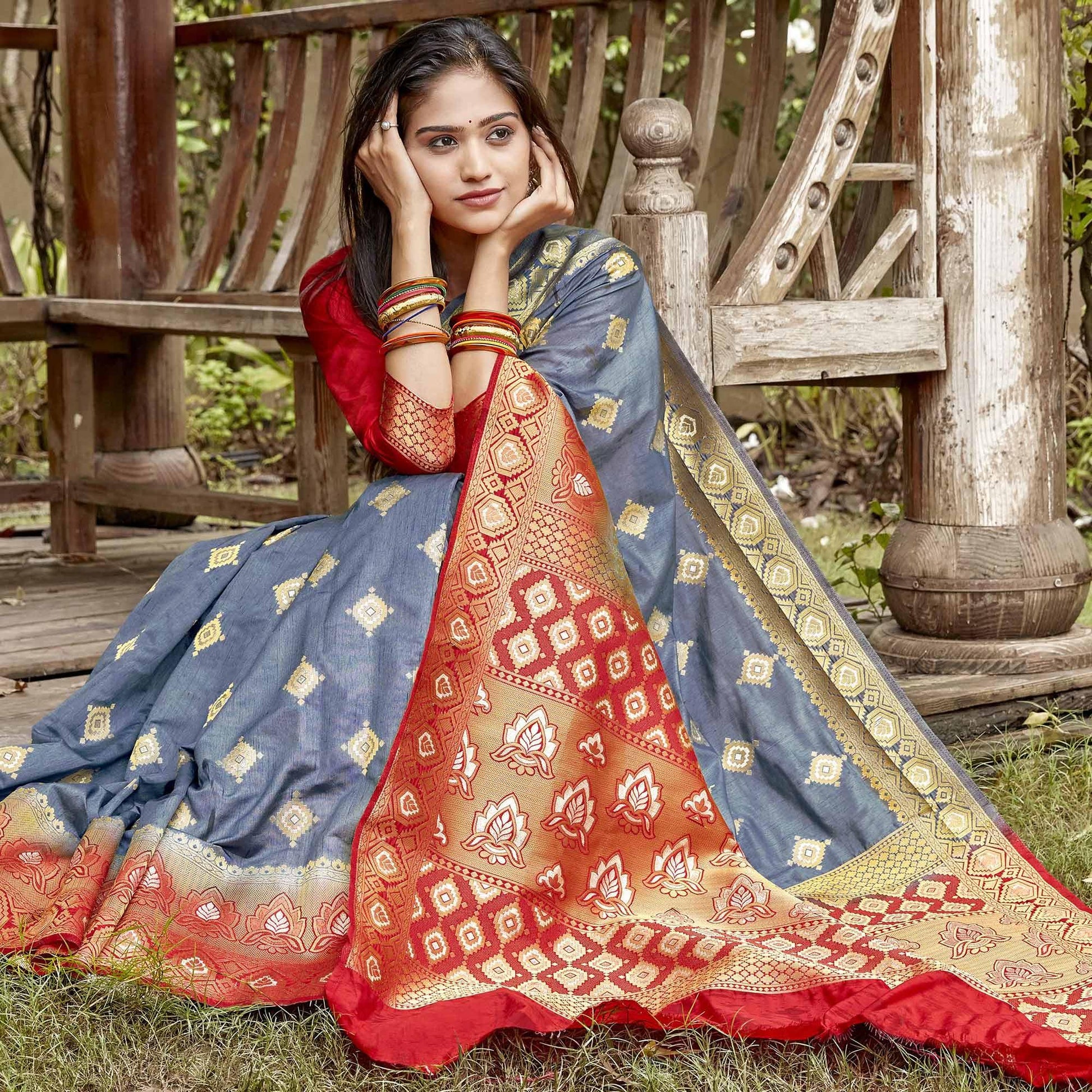 Flirty Grey Colored Festive Wear Woven Banarasi Silk Saree