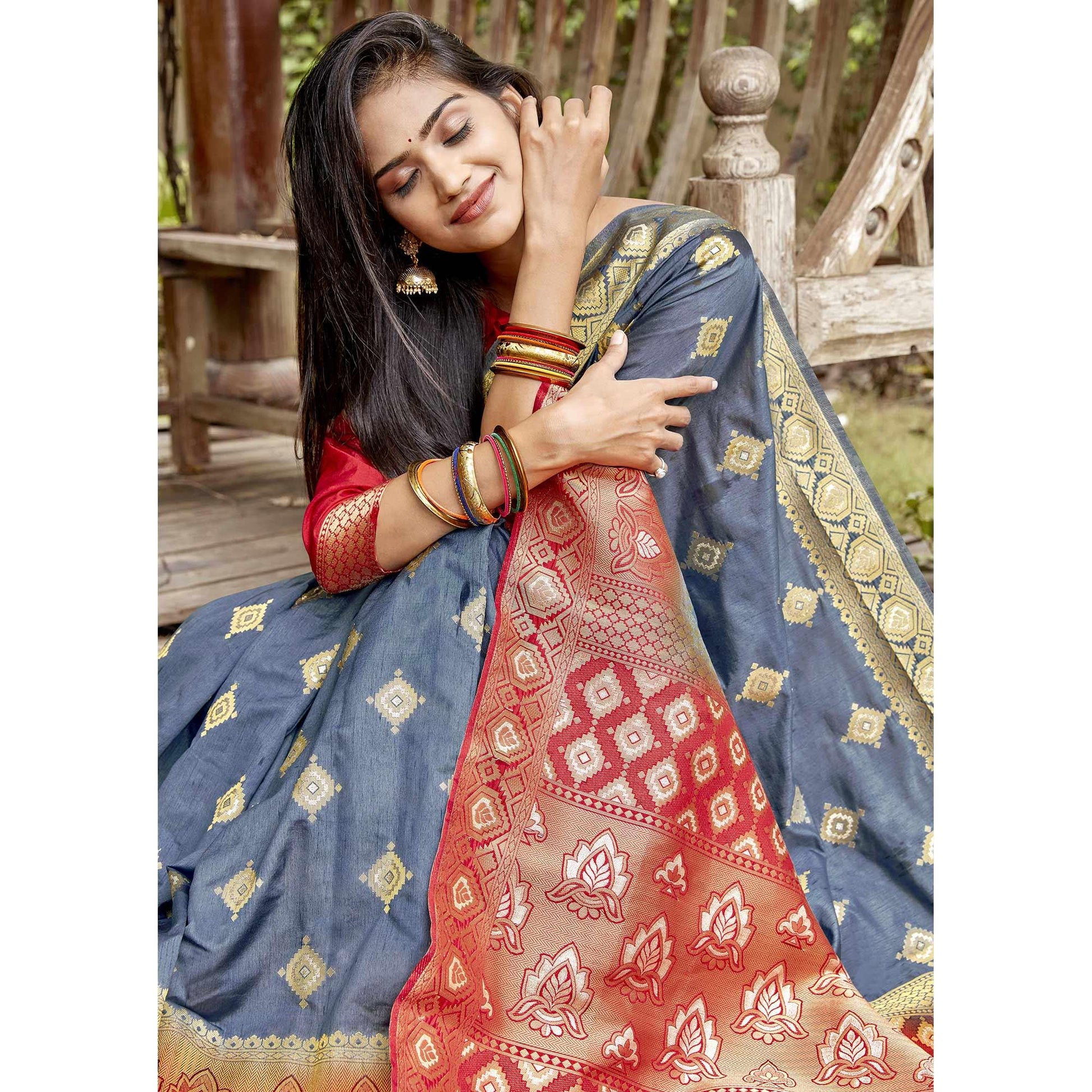 Flirty Grey Colored Festive Wear Woven Banarasi Silk Saree
