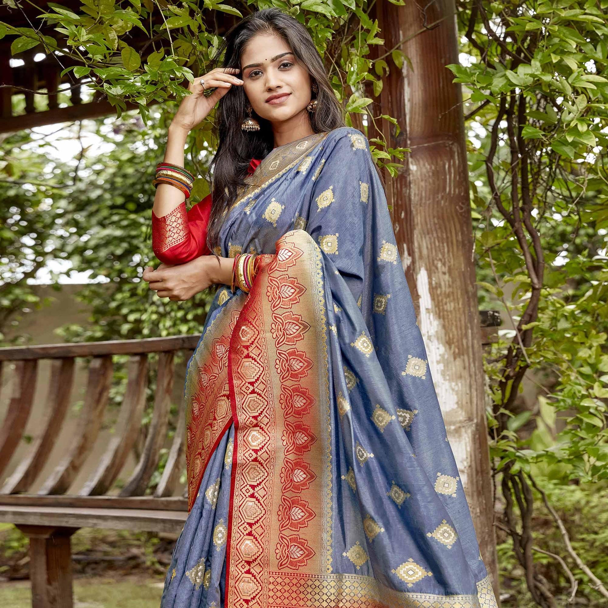 Flirty Grey Colored Festive Wear Woven Banarasi Silk Saree